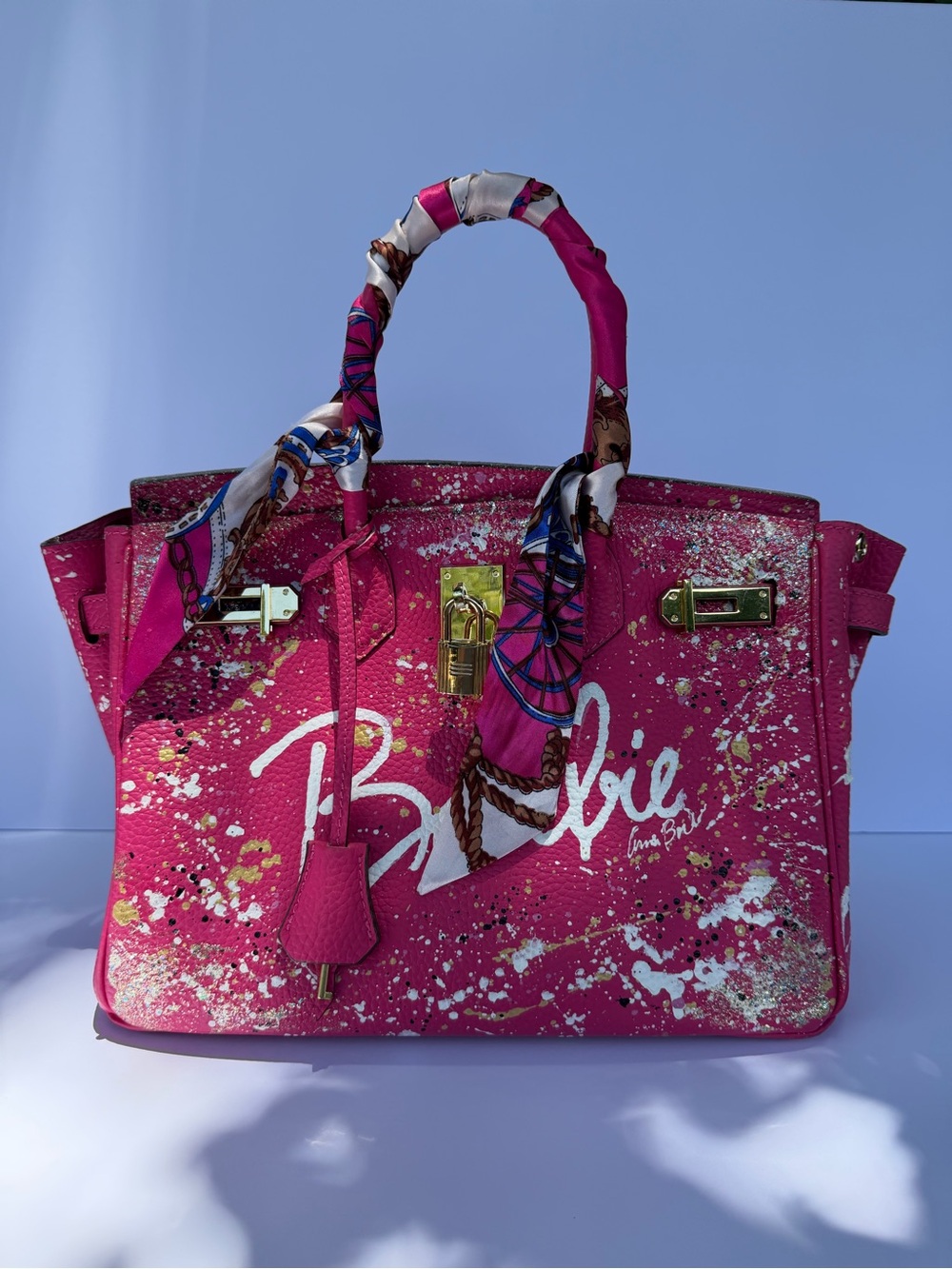Pink Statement Tote with Printed Scarf and Gold Hardware